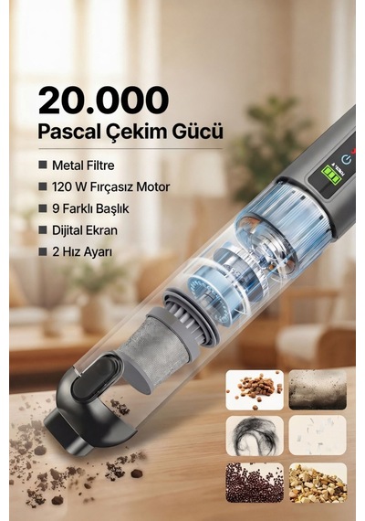 Şarjlı El Süpürgesi Kablosuz 20000pa Güçlü Emiş, Dijital Ekran, Type C 120w