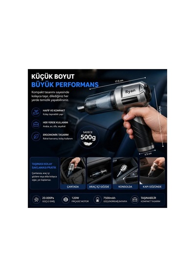 Bagajon Ryan 20.000 Pa 7.500 Mah Katlanabilir Araç Süpürgesi 120w Fırçasız Motor, Üfleme & Vakum, Çantalı