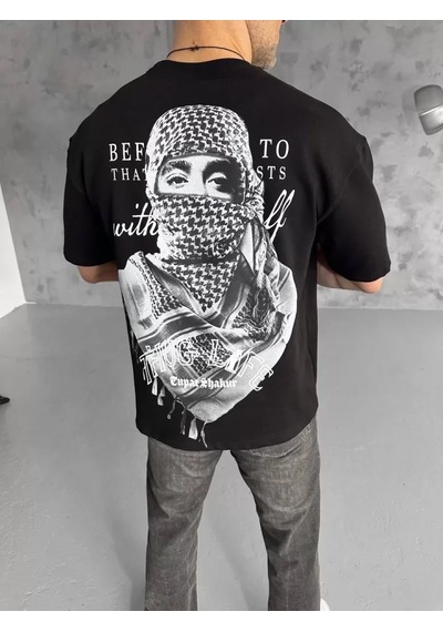 Suma Unisex Oversize Siyah Baskılı T-shirt - Xl Beden