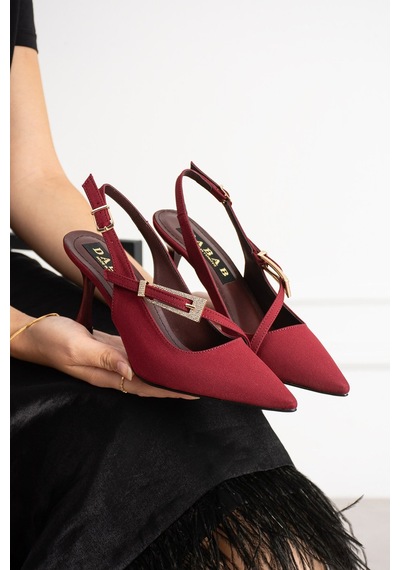 Dabab Shoes Merva Kadın Bordo Saten Sivri Burun Taşlı Toka Detaylı Çapraz Bantlı 7 Cm İnce Topuklu Slingback Abiye Ayakkabı
