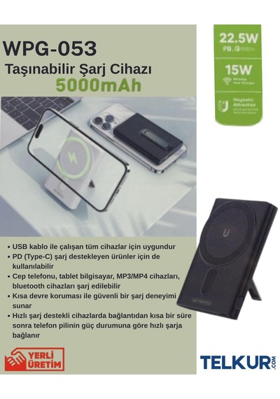 Ferro 5.000mah Pd-22,5w Magsafe 15w Kablosuz Type-c Siyah Powerbank Wpg-053 Renkli
