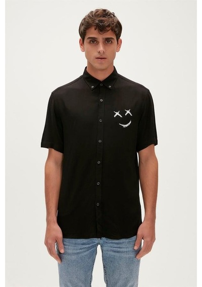 Bad Bear Smile Shirt 23.01.30.004s Siyah Kısa Kollu Baskılı Erkek Gömlek Siyah