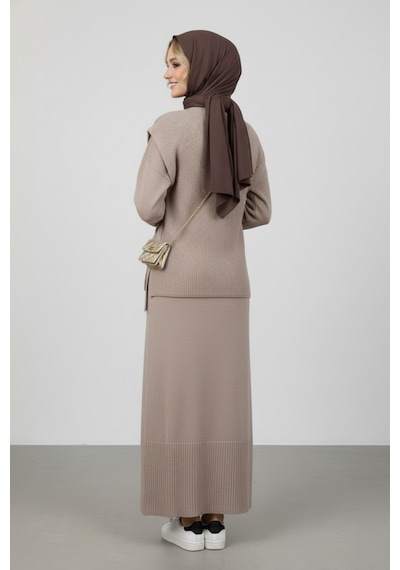 Defymoda Kadın Açık Kahve Modest Triko Tunik Elbise Takım Kahverengi