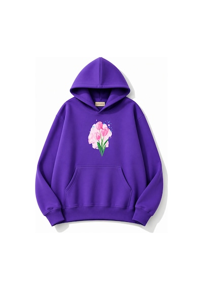 Herkesemoda Lale Baskılı Kapüşonlu 2 İplik Şardonlu Sweatshirt Mor