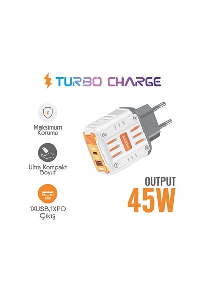 Lucatech Lc-125 45w Pd + Usb Çift Çıkışlı Type-c Ve Usb-a Turbo Hızlı Şarj Cihazı Adaptör Beyaz