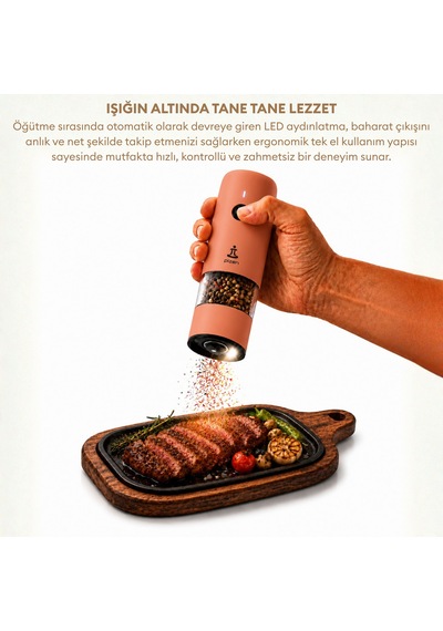 Pizen Windmill Usb Şarjlı Otomatik Baharat Öğütücü Led Işıklı Ayarlanabilir Tuz Karabiber Değirmeni Turuncu