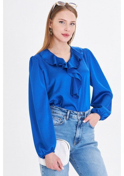 Armonika Kadın Saks Yakası Fırfırlı Omuzu Büzgülü Kolu Lastikli Pamuk Saten Bluz Arm-22k001059