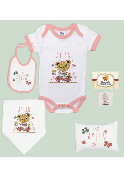 BK Kids Kişiye Özel İsimli 6 Parça Pembe Bebek Body Zıbın Battani