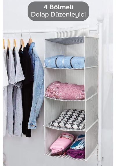 4 Katlı Katlanabilir Asılabilir Bölmeli Dolap İçi Düzenleyici Organizer Bez Raf 24x29x64 Cm Gri