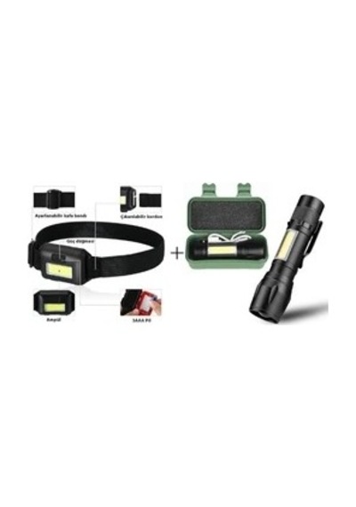 Usb Charge Zomlu El Feneri+ Ayarlanabilir Kafa Lambası Siyah