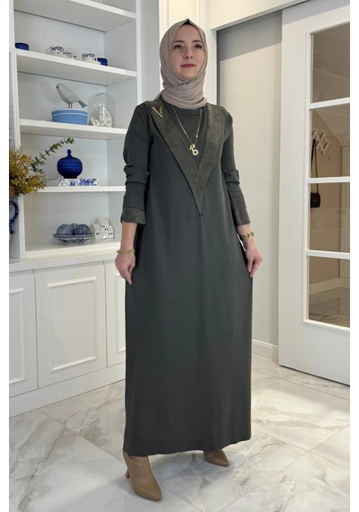 Rabia Şamlı Venüs Cupra Detaylı Triko Elbise Haki Normal