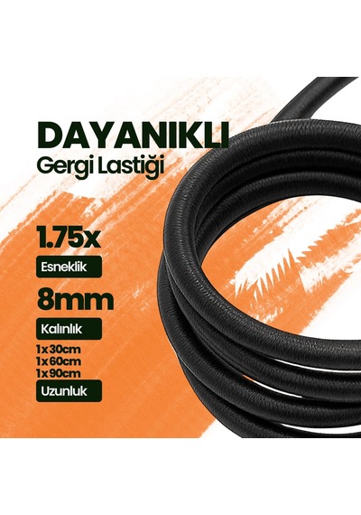 Kancalı Bagaj Gergi Lastiği - Paslanmaz Çelik Çift Kancalı, Motor Ve Bisiklet Sabitleme Lastiği - 3 Farklı Boy Siyah, 30-60-90cm