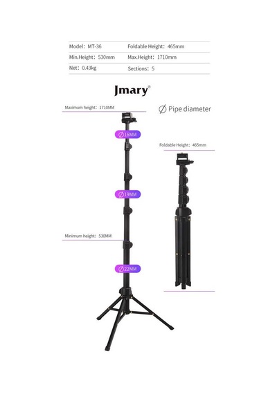 Jmary MT-36 Tripod 171 cm 360 Derece Dönebilen Başlık 4 Kademeli Yükselik Ayarı
