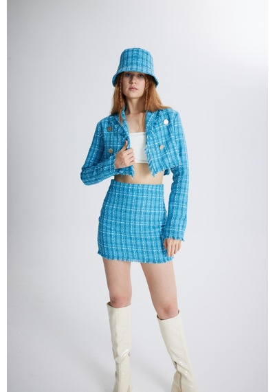 Holly Lolly Tüvit Kumaş Mini Tweed Etek Mavi
