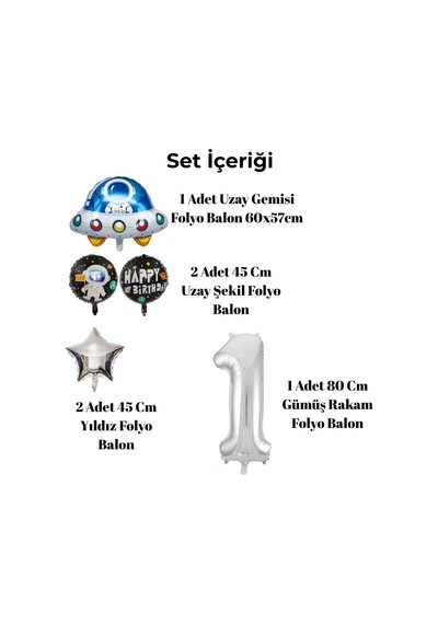 9 Yaş Uzay Temalı Doğum Günü Seti Uzay Folyo Şekiller Gümüş Folyo Rakam Çok Renkli