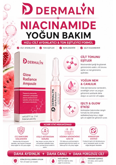 Dermalyn 3 Adet Niacinamide İçeren Hızlı Cilt Aydınlatıcı Glow Etkili Nemlendirici Ampul Serum Dermaroller