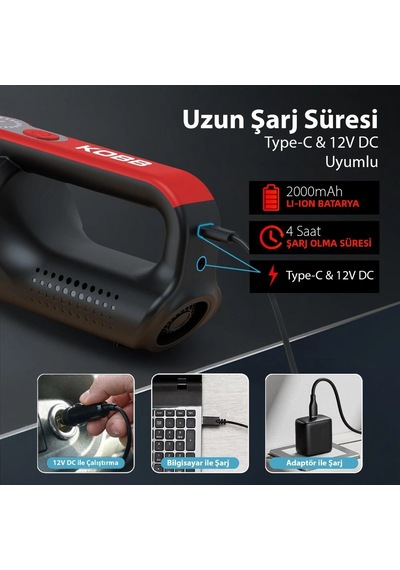 Kobb Kbv20 12volt/ Li-ion Şarjlı Kömürsüz Motor Hibrit Araç Süpürgesi + 8 Parça Aksesuar Seti + Taşı