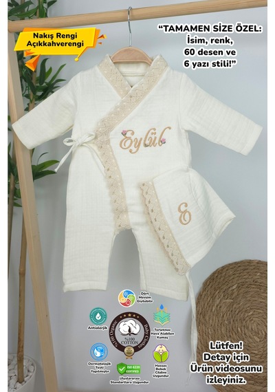 Gros Shop Müslin Yeni Doğan 4katlı Organik %100pamuk Kişiye Özgü Nakışlı Hastane Çıkış Seti Kalpli Model-5 Ekru-2