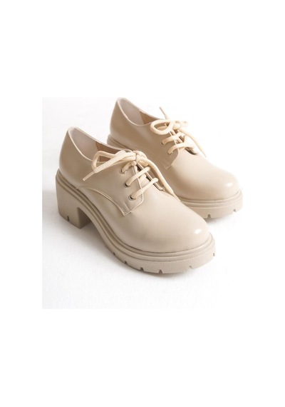 Aymood K-707 Bej Kırışık Rugan Yüksek Tabanlı Bağcıklı Loafer Ayakkabı Bej