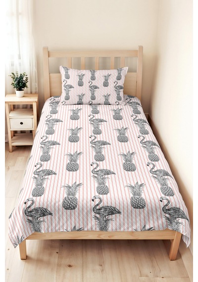Tropikal Genç Odası Tek Kişilik Pike Takımı - Flamingo Ananas Gri 160x220 Cm Kapitone Yatak Örtüsü Buharlı Yağmur Baharı