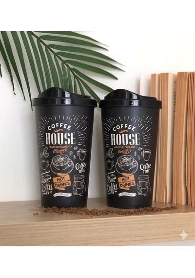 Titiz 2'li Coffee House Desenli Büyük Boy Kahve Bardağı Takımı 2 X 650 Ml - Kahverengi Pipet Girişli Kapaklı Bardak Paketi Beyaz - Çok Renkli
