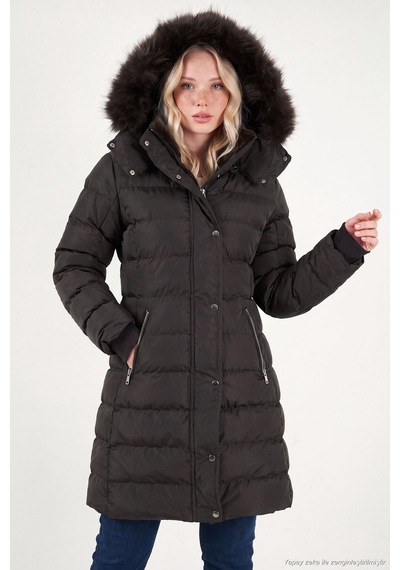 Lela Regular Fit Çıkarılabilir Kapüşonlu Fermuarlı Cepli Şişme Mont Kadın Mont 497emily Kahve
