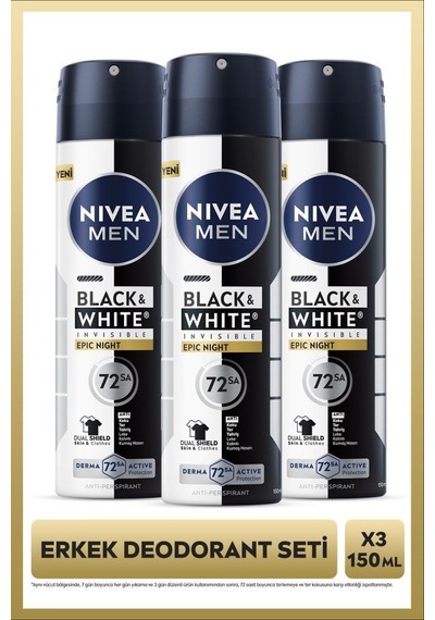 Men Erkek Sprey Deodorant Black&white Epic Night 150ml, 72 Saat Terleme Karşıtı, Alkolsüz, X3 Adet