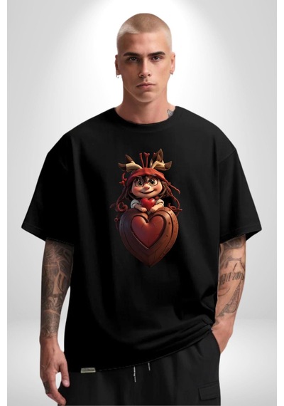 Çikolata Kız Kalbi Pamuklu Bisiklet Yaka Unisex Oversize Boyfriend Dijital Baskılı Siyah T-shirt Siyah