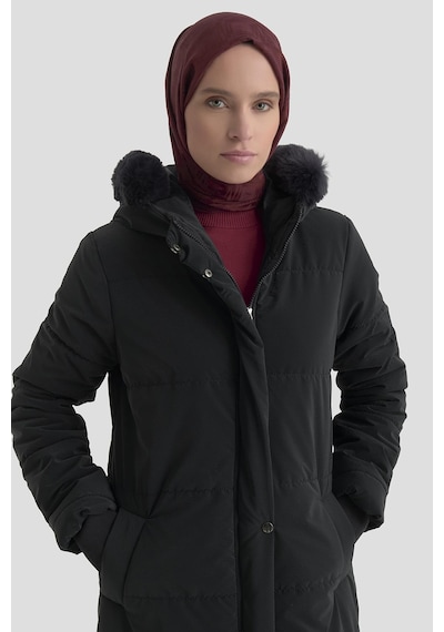 Armine Trend Boydan Fermuarlı Yanları Fermuar Detaylı Kapüşonu Kürklü Mont Lacivert 25kt744