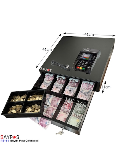 6 Kağıt Para Gözlü Ingenico Yazarkasa Pos Uyumlu Anahtardan Açılır Büyük Para Çekmecesi 41x41x11cm