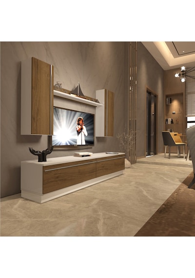 Decoraktiv Eko 5db Mdf Std Tv Ünitesi Tv Sehpası - Beyaz Pera Beyaz - Meşe