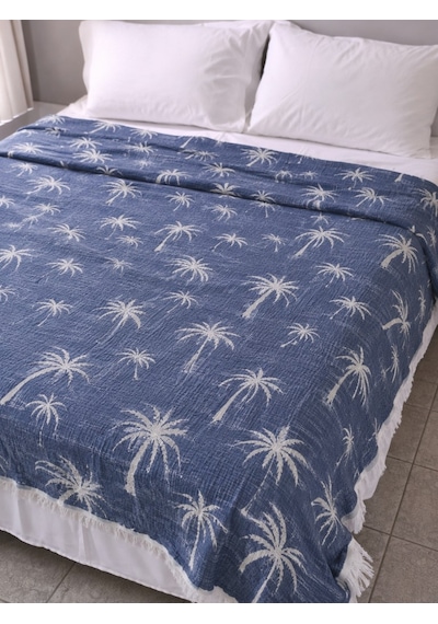 Palmiye Desen 4 Katlı Müslin Pike Yatak Örtüsü Battal Boy 240x260 Cm Lacivert