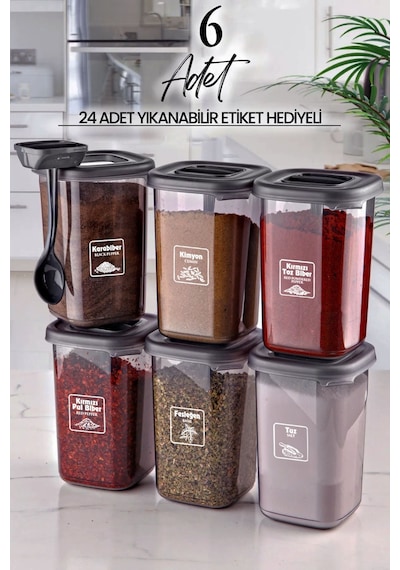 KitchenLife 6'lı Azure Etiketli Ve Kendinden Kaşıklı Baharatlık Seti - Baharatlık Takımı Antrasit - Şeffaf