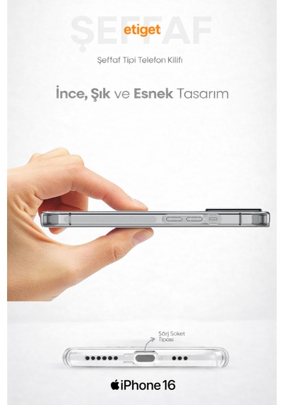 Apple Uyumlu iPhone 16 Şeffaf Silikon Kılıf Şarj Yeri Tıpalı, Kaymaz Kenarlı Şeffaf