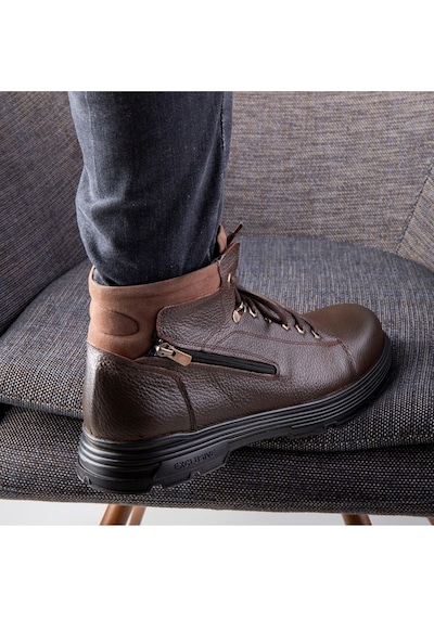 Ducavelli Ankle Hakiki Deri Bağcıklı Kauçuk Taban Erkek Bot, Fermuarlı Bot