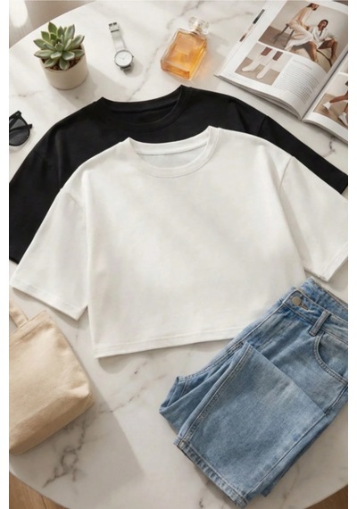 Kadın Siyah-beyaz Bisiklet Yaka Oversize Crop Tişört - %100 Pamuklu Basic Kısa Kol Siyah - Beyaz