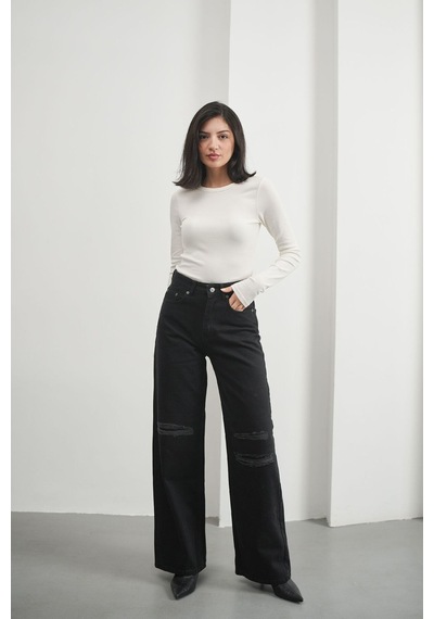 HLT Jeans Kadın Siyah Yırtıklı Wide Leg Yüksek Bel %100 Pamuk Jean Kot Pantolon Jessica-2038