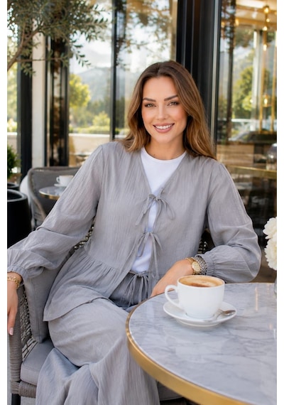 Hb Harma Time Butik Kadın Bağlamalı Çilek Kumaş Gri Tunik Pantolon İkili Takım Gri Gri