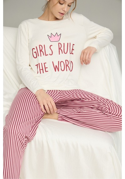 Siyah İnci Örme Pamuklu Pijama Takım25240196 Ekru