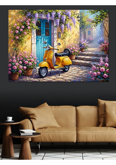 Ahşap Tablo Çiçekli Sokakta Sarı Scooter Tablo