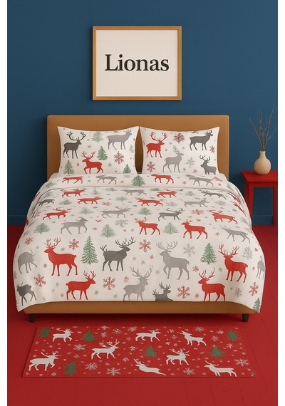 Lionas Çift Kişilik Desenli Nevresim + 2 Adet Kapaklı Yastık Kılıfı Kırmızı