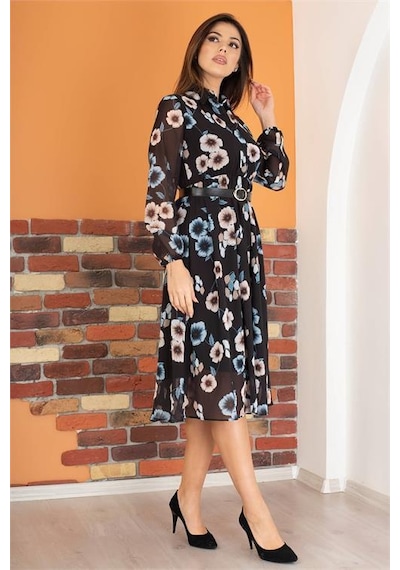 Dip Moda Kadın Gömlek Yaka Kemerli Çiçekli Şifon Elbise Dpry0031 Mint Yeşili
