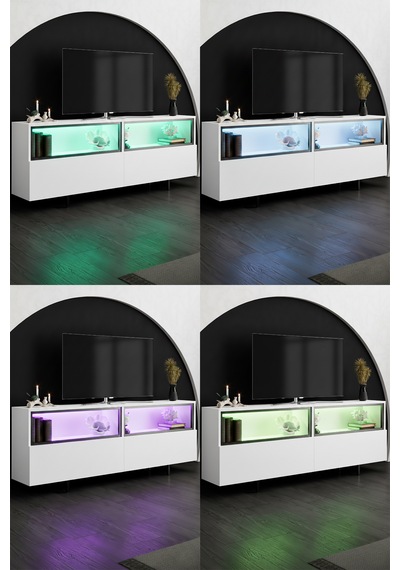 Ekol Siyah Demir Ayaklı Rgb Led Işık Sistemli Beyaz Tv Ünitesi Tv Sehpası Beyaz - Siyah