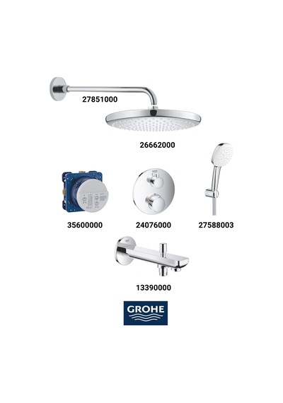 Grohtherm Ankastre Termosta Banyo Bataryası Seti Oval Gagadan Yönlendiricili Geniş Oval Tepe Duşlu Krom