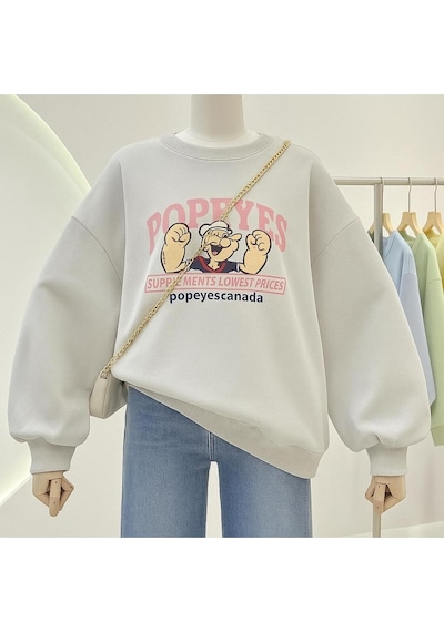 Benroma 3 İplik Penye Popeyes Baskılı Unisex Sweatshırt Gri