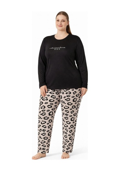 Pemilo Kadın 7261 Büyük Beden Uzun Kol Likralı Milan Pijama Takımı Siyah