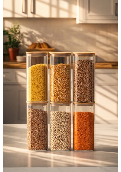Porsima 7-3 Bambu Vakumlu Kapaklı Kare Borsilikat Cam 6lı Kavanoz Seti Saklama Kabı 1900ml 9,5x27cm Ahşap - Şeffaf