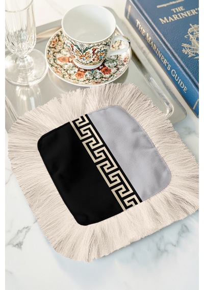 Yunan Motifli Saçaklı Sunum Peçetesi - Lüks Klasik Modern Siyah Altın Renkli Bardak Altlığı Mendil Soft Gece Vişne