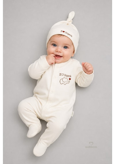 Babyden's Organik Pamuk Bebek Tulumu Şapkalı Yenidoğan Hastane Çıkışı Çıtçıtlı Patikli Uzun Kollu Ekru