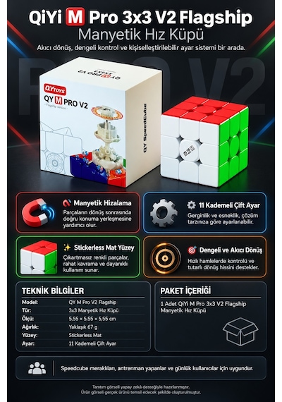 Qiyi M Pro V2 Flagship Manyetik Rubik Küp 3x3 Stickerless Profesyonel Hız Küpü 5,55 Cm